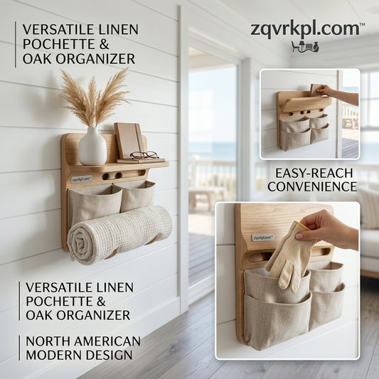 zqvrkpl.com™ Versatile Linen Pochette & Oak Wall Organizer | Modern Floating Shelf with Fabric Storage Pockets & Towel Bar | Minimalist Entryway Mail, Key, and Accessory Holder