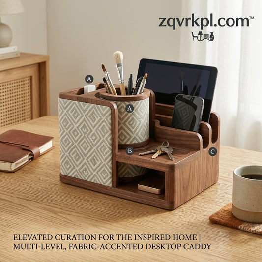 zqvrkpl.com™ Multi-Functional Wooden Desk Organizer – Premium Walnut Desktop Caddy with Fabric Accents, Integrated Tablet Stand, Phone Dock, Pen Holder Cup, and Key Catch-All Tray for Home Office Organization