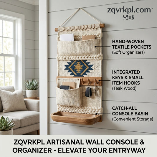 zqvrkpl.com™ Boho Wall Hanging Organizer - Hand-Woven Textile Mail Holder & Teak Wood Key Rack with Catch-All Basin - Decorative Entryway Console & Pocket Organizer for Keys, Mail, and Daily Essentials