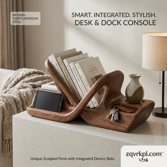 zqvrkpl.com™ Sculpted Solid Wood Desk Organizer & Docking Station | Premium Walnut-Finish Book Stand, Tablet Holder, and Key Valet Tray | Modern Minimalist Console for Home Office & Entryway
