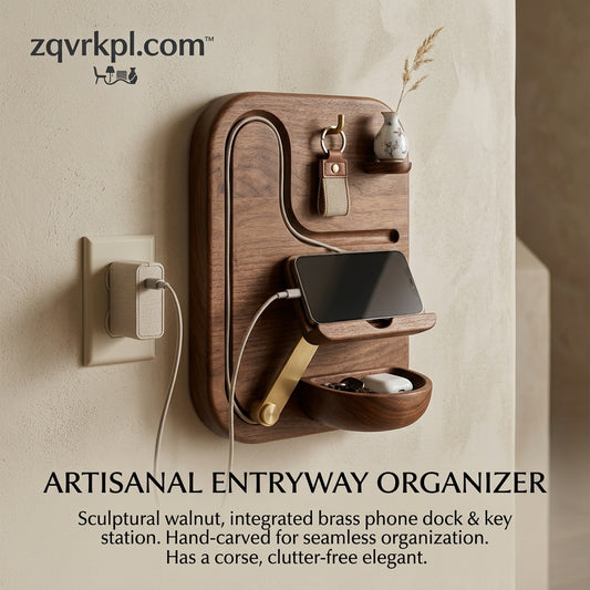 zqvrkpl.com™ Premium Walnut Wall Mounted Entryway Organizer – Hand-Carved Wooden Key Holder, Phone Charging Dock Station, and Catchall Tray for Hallway, Mudroom & Office