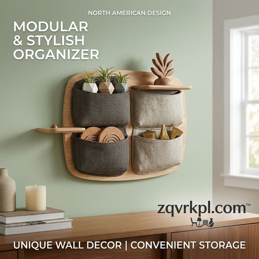 zqvrkpl.com™ Modular Wall Organizer | Fabric Pocket Hanging Storage with Wooden Floating Shelves | Modern Wall Decor & Mail Holder for Entryway, Living Room, Office, and Plant Display